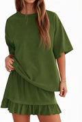 Women Summer Vacation Outfits Short Sleeve Crewneck Tops and Casual Mini Skirt Lounge Sets