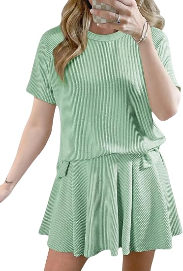 Women Summer Skort Outfits | Ribbed Knit, Short Sleeve Tops, Lined Pleated Mini Skirt, 2 Pieces Lounge, Matching Set, Going Out Travel Workout Casual Wear
